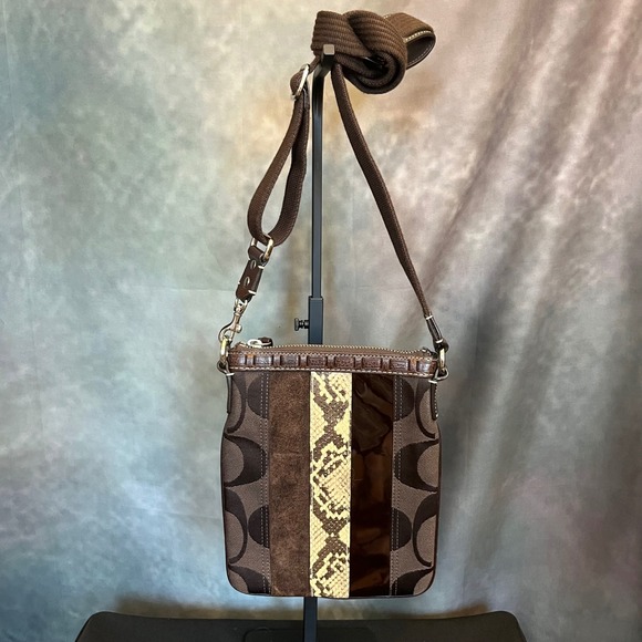Coach Handbags - Coach Signature Striped Snake Print Crossbody Bag Brown